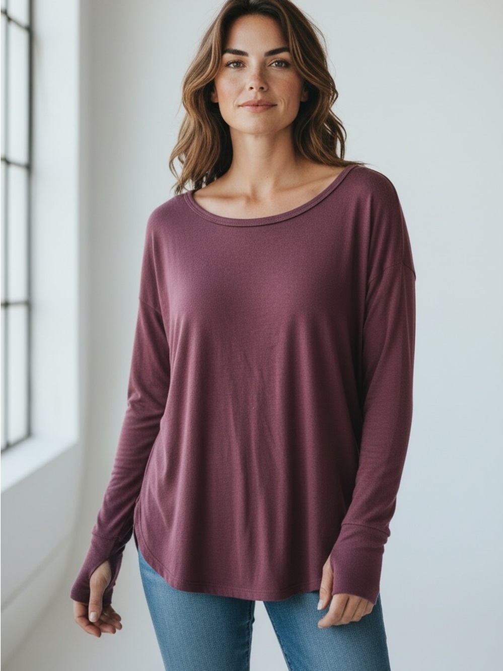 135 Athleta Long-Sleeve Scoop Neck Top in Plum